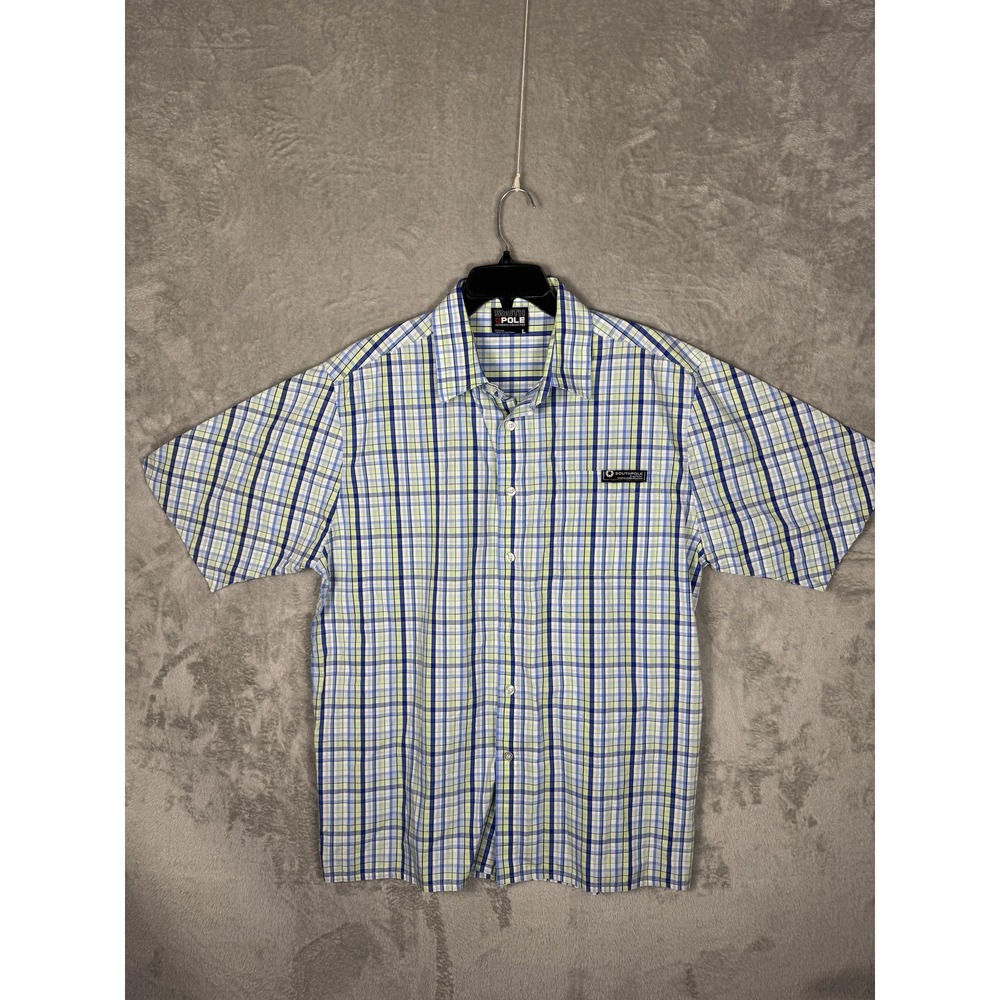 Southpole Shirt Mens Large Blue Green Plaid‎ Short Sleeve Button Front Cotton